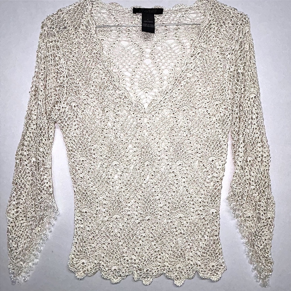 The Limited Handknit Ivory Crochet Beaded Bell Sleeve Sweater L